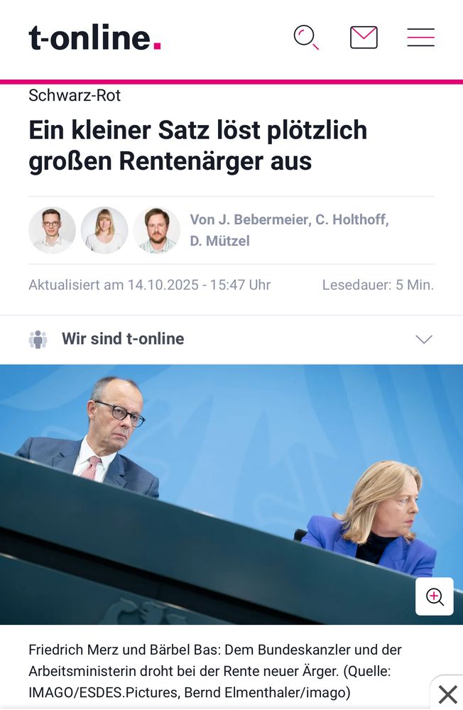 Screenshot eines Artikels bei t-online: „Ein kleiner Satz löst plötzlich großen Rentenärger aus“ 