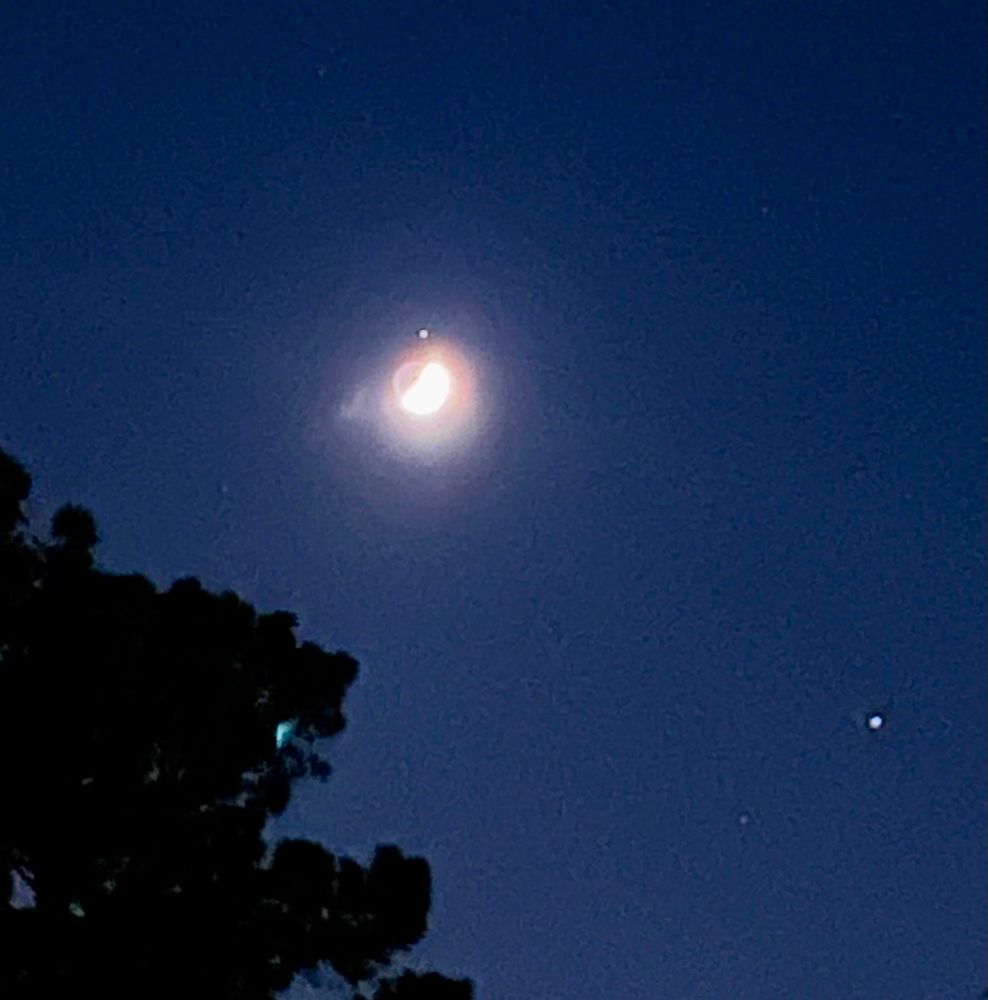 Picture for a night sky showing an overexposed bright crescent moon with the Planet Mars just above it. To the bottom right is the bright star Regulus. 
