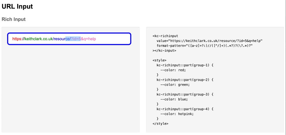 A screen shot of a custom text input element containing a URL, which has its various parts colourised. Alongside the input is the example source code, showing how to implement the element and style it.