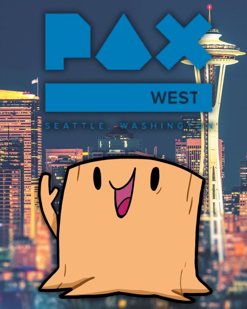 A graphic of the stumpy underneath the Pax West logo with the Seattle cityscape in the background. 