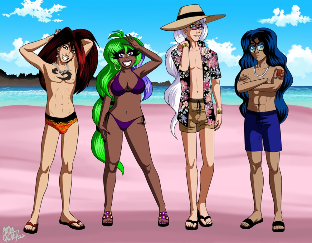 Clockwise: Jiro "Jaxon" Tachibana, Celeste Marcella, Tristan Trémaux, and Deimos Katsaros. 