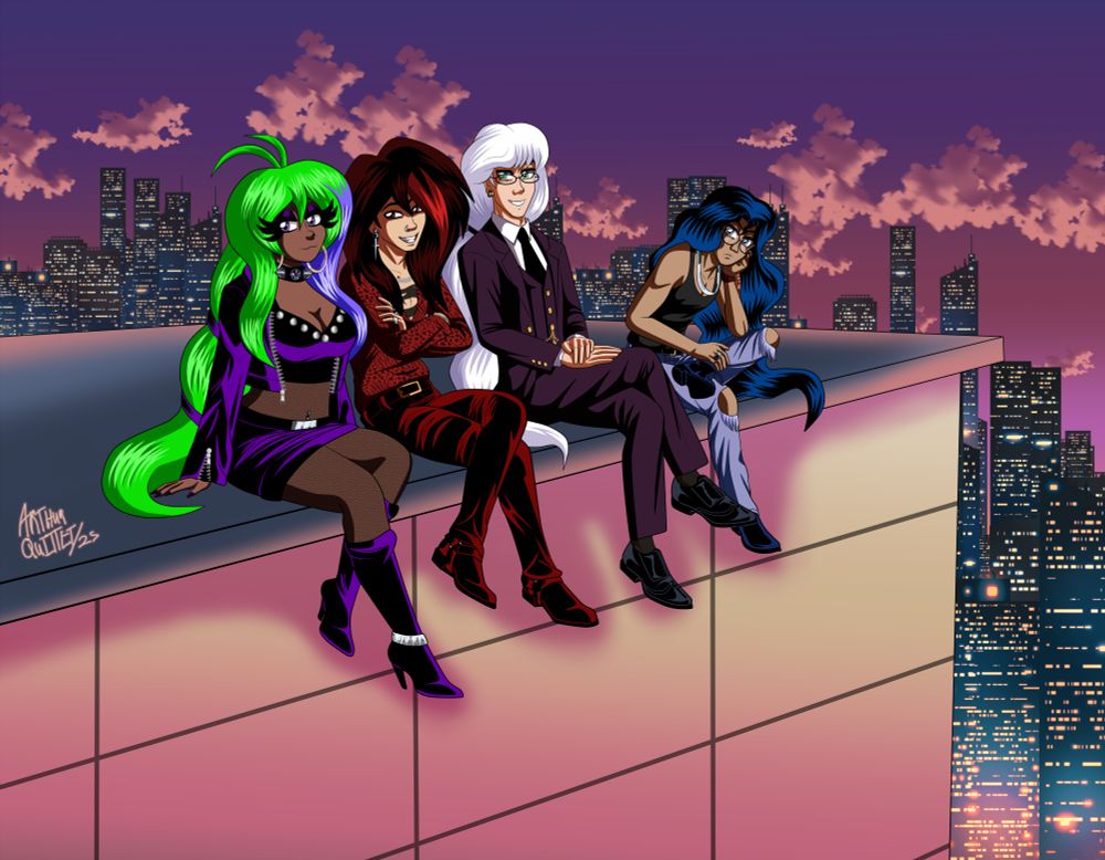 Four 23-year-olds are sitting on a building overlooking Pink Top City. 

Clockwise: Celeste Marcella, Jiro "Jaxon" Tachibana, Tristan Trémaux, and Deimos Katsaros.