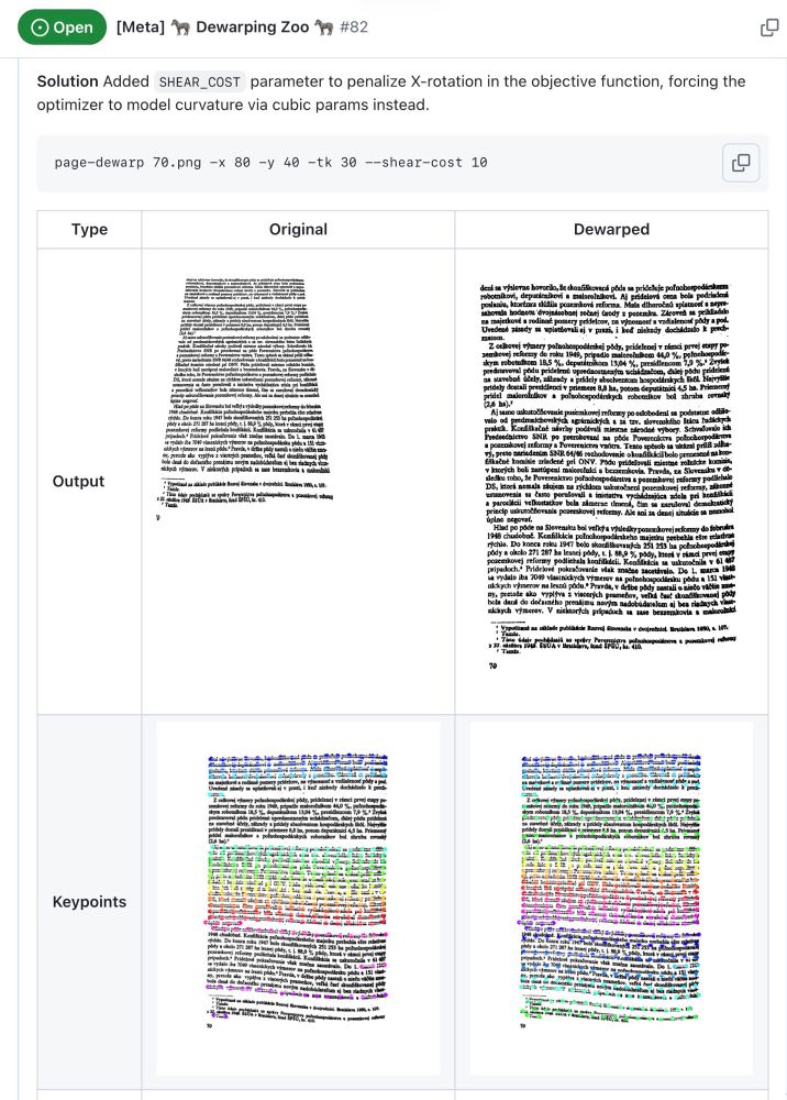 ‘Before and after’ side-by-sides of the outputs and then span keypoints produced by page-dewarp on an image reported by a user.