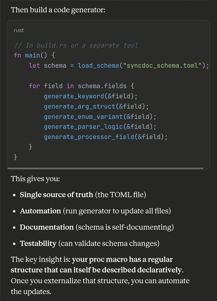 After redirection to actually give some kind of code action Claude suggests to build a code generator instead so code editing becomes a schema edit.