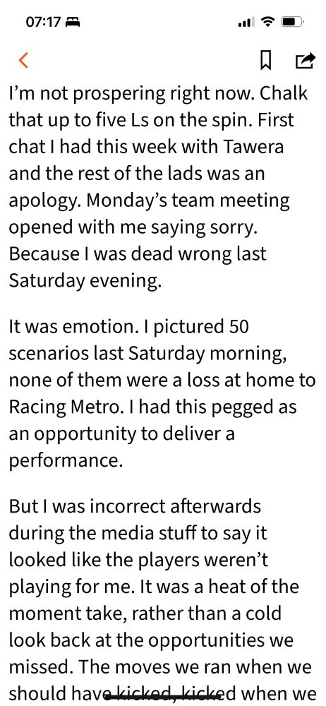 “I’m not prospering right now” … “Monday’s team meeting opened with me saying sorry. Because I was dead wrong last Saturday night”