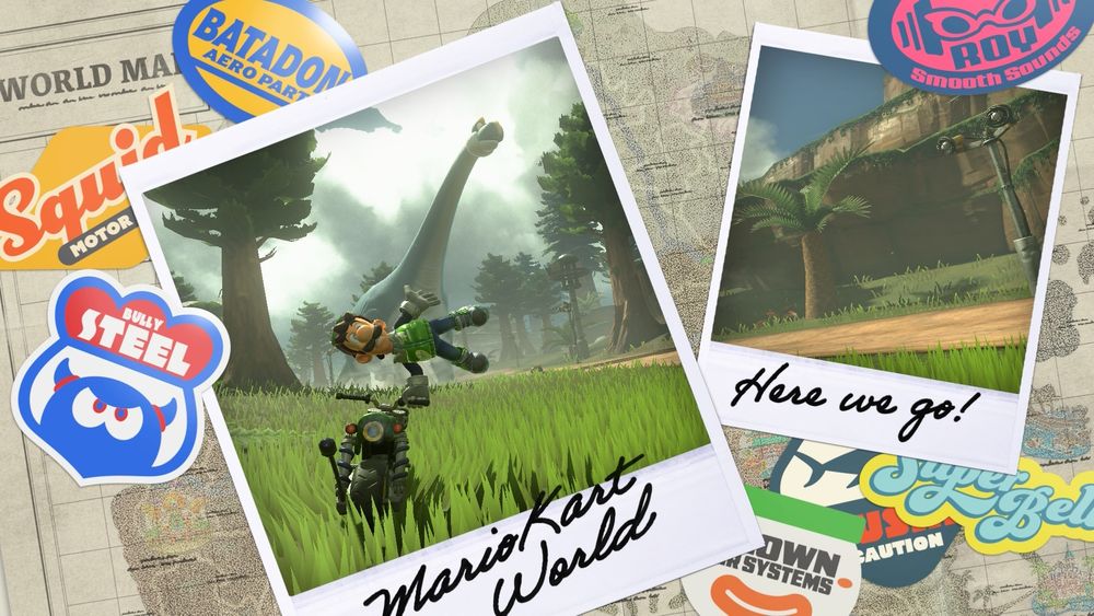 An image showing pictures of Polaroids, the center picture depicting Luigi Mario with a surprised look while performing a motorcycle stunt with a brontosaurus in the background 