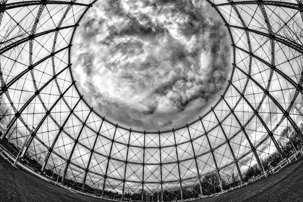 The refurbished gasholder at Granton, Edinburgh, looking like a portal to the 5th dimension. ( 7.5mm fisheye lens )