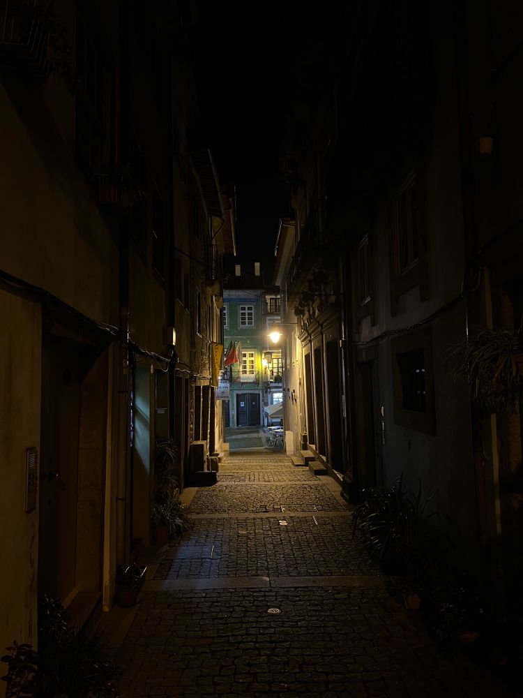A dark cobblestones alley at night, with tall old buildings on either side. A sodium orange lamp illuminates rhetorical of the alley.
