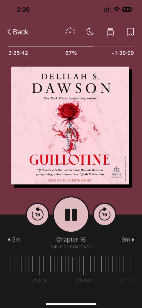 A screenshot of the Libby app showing Delilah S. Dawson’s “Guillotine” with 67% listened.
