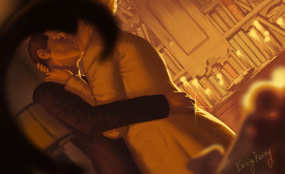 Aziraphale and Crowley kissing after getting married in Aziraphale's bookshop