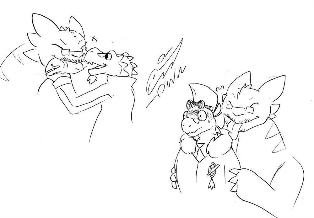 Two doodles of Darksight’s Night Fury sona, Sarloc.
The first doodle features my sona offering him a fish,
The second doodle has my salmonid sona getting licked by Sarloc