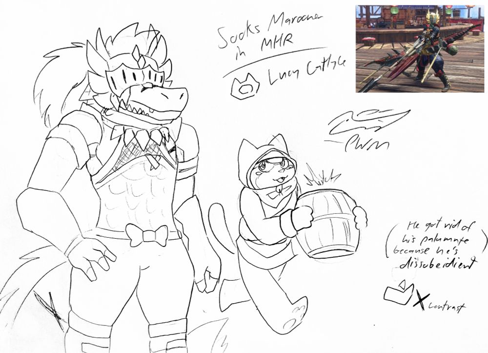 Doodle of Socks Marooner, my boyfriend’s character, in the fit he gave him as the hunter in Monster Hunter Rise,
Featuring Lucy Catlyle since my boyfriend made her as his palico
