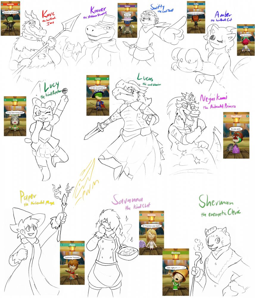 Doodles of my miitopia team, featuring Karcodile the Laidback Imp, Koraex the Stubborn Vampire, Swifty the Cool Thief, Amber the Laidback Cat, Lucy the Kind Popstar, Lucas the Cool Warrior, Negaikami the Airheaded Princess, Paper the Airheaded Mage, Savanna the Kind Chef, and Sherman the Energetic Cleric