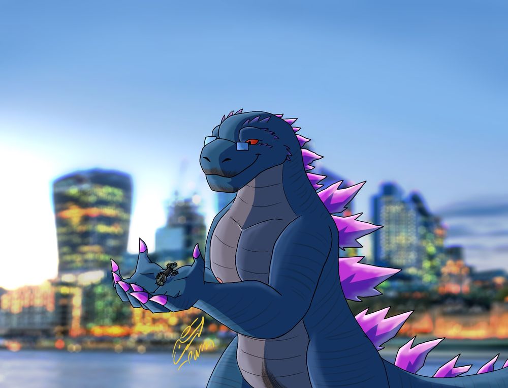 My boyfriend’s sona as Godzilla holding my regular crocodile sona in his hands. He is staring very lovely down at me