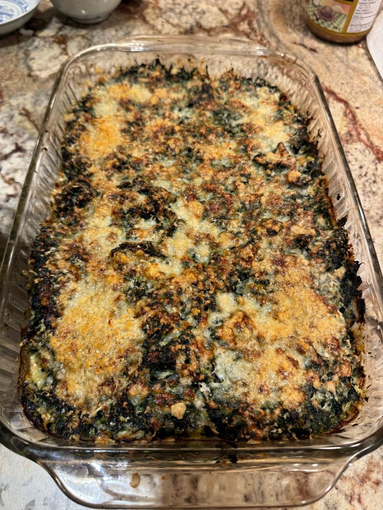 Spinach gratin in baking dish 
