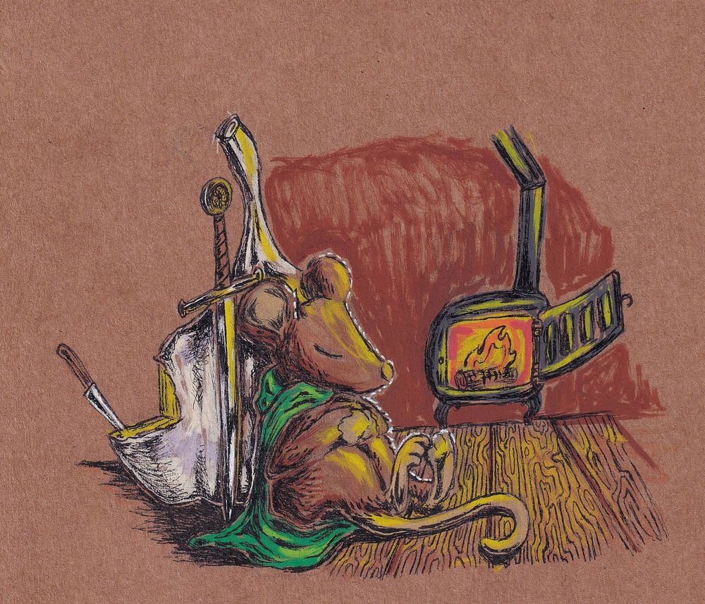 A brown mouse with a green cloak is curled up to sleep, reclining on a large bulb of garlic, his sword reclines next to him and there is a woodburning stove in the background