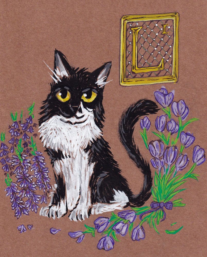 a portrait of my eldest cat, Lara, a tux kitty with long hair, she has purple heathers and purple tulips around her, there is a cartouche on the top right with the letter L for lara and the number I for her status as the first of the house