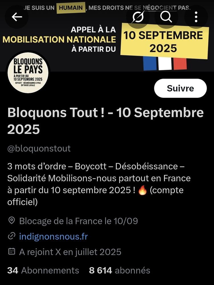 Capture d'écran du compte Bloquons tout sur twitter : https://xcancel.com/bloquonstout 