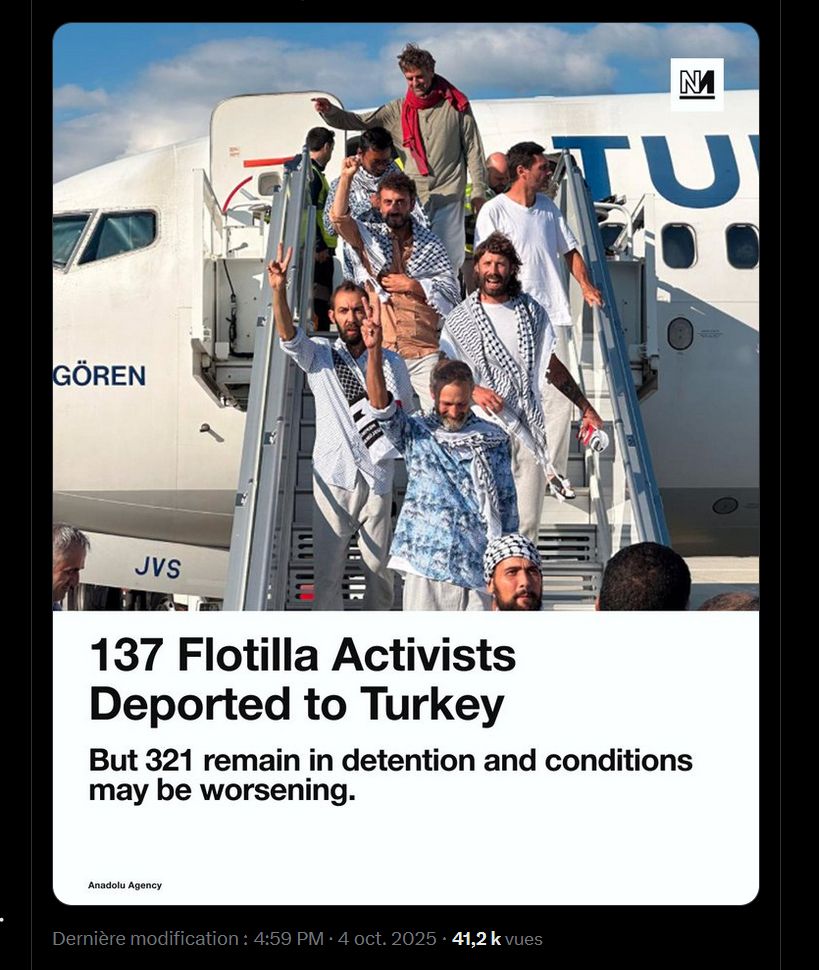 capture d'écran de la photo qui accompagne le tweet, via Anadolu Agency , où on voit une petite dizaine des volontaires libérés sortir d'un avion, avec des keffieh sur les épaules et ✌️ le signe symbole de la lutte palestinienne