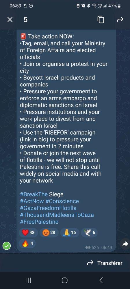 Suite du message 

《🚨 Take action NOW:
•Tag, email, and call your Ministry of Foreign Affairs and elected officials
• Join or organise a protest in your city
• Boycott Israeli products and companies
• Pressure your government to enforce an arms embargo and diplomatic sanctions on Israel
• Pressure institutions and your work place to divest from and sanction Israel
• Use the 'RISEFOR' campaign (link in bio) to pressure your government in 2 minutes
• Donate or join the next wave of flotilla - we will not stop until Palestine is free. Share this call widely on social media and with your network 

#BreakThe Siege #ActNow #Conscience #GazaFreedomFlotilla #ThousandMadleensToGaza #FreePalestine 》

= 

🚨 Agissez dès maintenant :
• Identifiez, contactez par e-mail et appelez votre ministère des Affaires étrangères et vos élus.
• Participez ou organisez une manifestation dans votre ville.
• Boycottez les produits et entreprises israéliens.
• Faites pression sur votre gouvernement pour qu'il applique un embargo sur les armes et des sanctions diplomatiques contre Israël.
• Faites pression sur les institutions et votre entreprise pour qu'elles désinvestissent d'Israël et le sanctionnent.
• Utilisez la campagne « RISEFOR » (lien dans la bio) pour faire pression sur votre gouvernement en 2 minutes.
• Faites un don ou rejoignez la prochaine flottille : nous ne nous arrêterons pas tant que la Palestine ne sera pas libérée. Partagez cet appel sur les réseaux sociaux et dans votre réseau.

#BreakTheSiege #AgissezMaintenant #Conscience #GazaFreedomFlotilla #ThousandMadleensToGaza #FreePalestine

