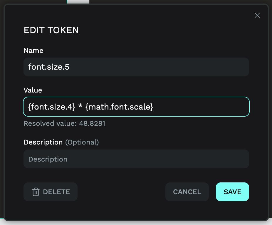 Editing a token in Penpot. A form with a Name field with a value of 'font.size.5' and a Value field with a value of '{font.size.4} * {math.font.scale}'.