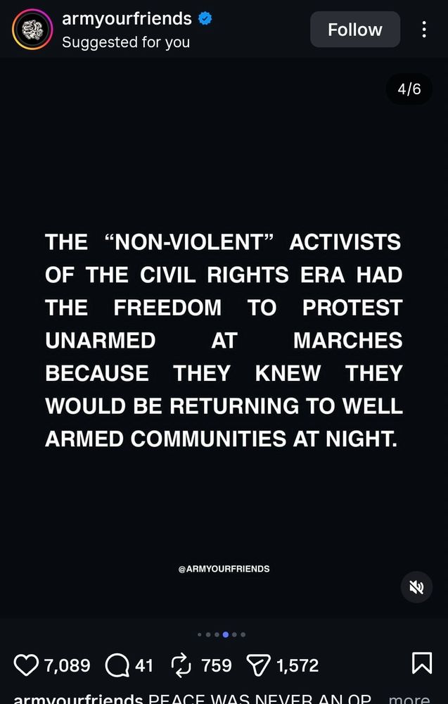 Instagram over here suggesting content from "armyourfriends" which is encouraging violent revolution against fascism. Which, okay, but maybe not when I have to cross the border in an hour.