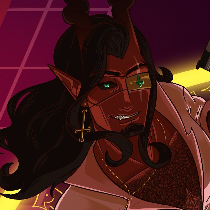 A close up of Naberius. He is an incubus with pointed ears and red skin that transitions to black at his corkscrew horns and limbs. His right eye is half-lidded and rectangular with long lashes, an emerald green iris and black sclera, with a noticeable wrinkle at the inner corner. Where his left eye should be is instead a golden-colored eyepatch with an emerald inverted cross decorating it. Portions of a scar running from his cheek to his forehead is visible, cutting through his eyebrow. He has long black hair parted to the side, as well as a widow’s peak. He wears a necklace and earrings, all of which are gold inverted crosses as well. His shirt is pink with the collar popped, exposing chest and chest hair.