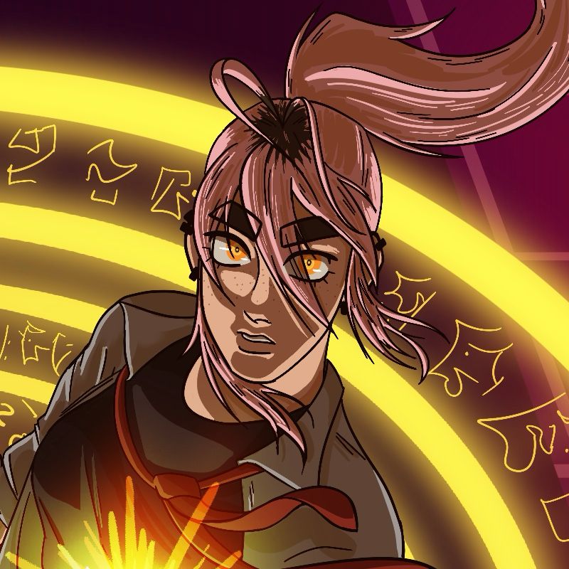 A close up shot of Del, an investigative exorcist. She is a young human woman, with light skin and freckles. Her eyes are an almond shape with short eyelashes, and her iris’ an unnatural orange-amber color. She has thick eyebrows furrowed and multiple ear piercings. Long, choppy, light pink hair is tied back into a long ponytail and sporting a heart-shaped cowlick as her natural dark brown roots come in. She wears a black t-shirt under an open grey dress shirt with a loose red tie.