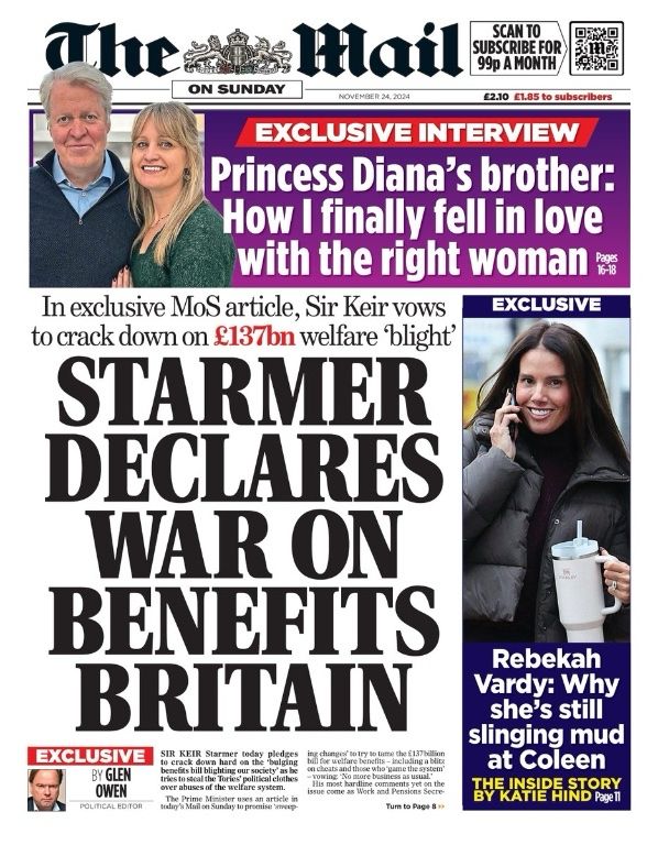 Photograph of the front page of the UK’s Daily Mail where the PM Keir Starmer “declares war on benefits Britain”.