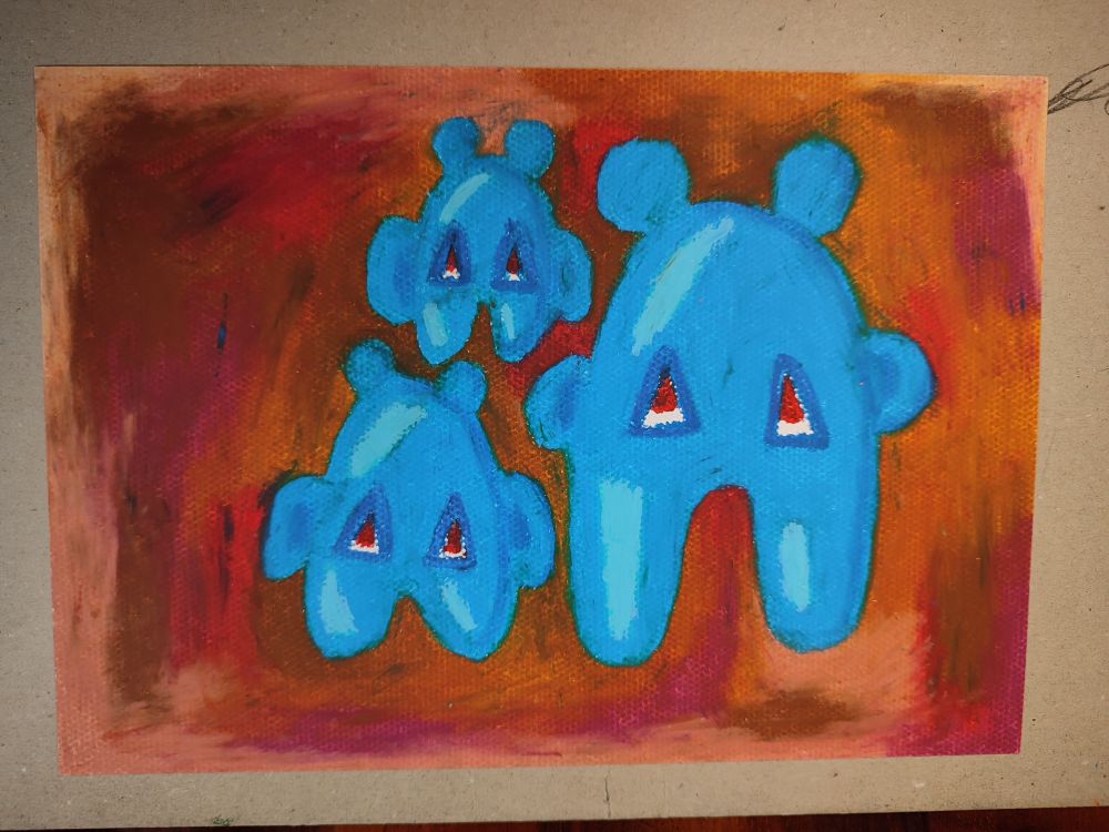 Blue bubble creatures, on a multi-hue brown background.