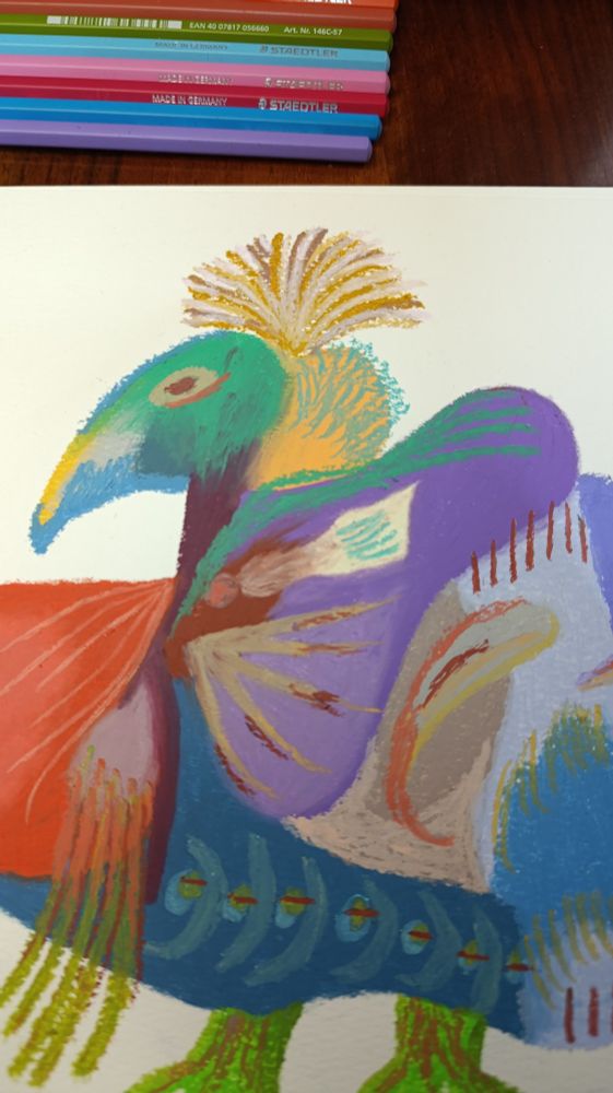 Colorful fantastical bird. Oil pastel on paper.