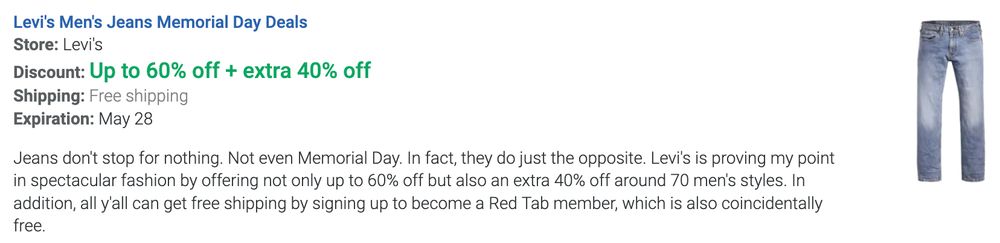 Screenshot of a deal on Levi's Men's Jeans Memorial Day Deal. Listed for "Up to 60% off + extra 40% off."