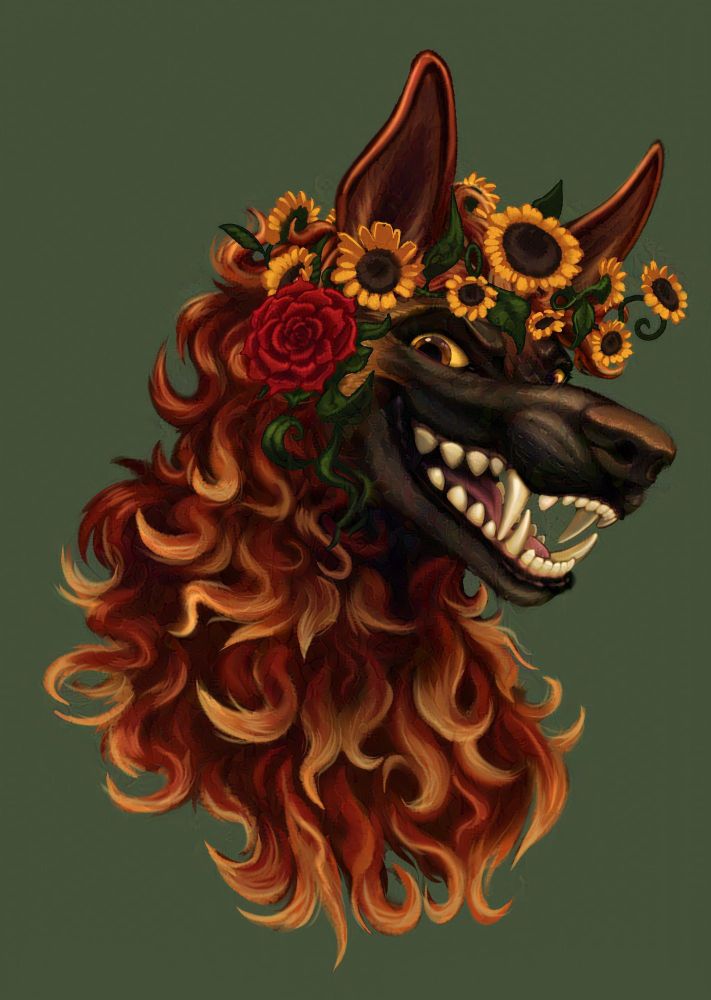 painting of a wolf with a curly red mane, wearing a flower crown of sunflowers and a red rose