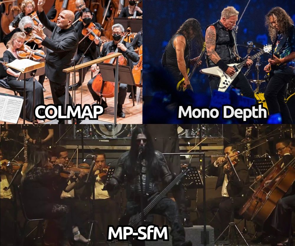 A three panel image. Top left - classical orchestra with caption "COLMAP", top right - metal band with caption "Mono Depth",  bottom row - symphonic metal band with caption  "MP-SfM"