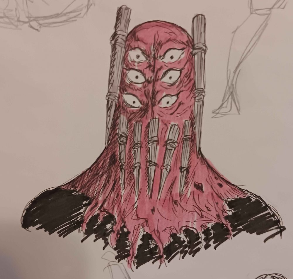an ink and maker portrait of Shimada Death. They are robed in black and a red hood that covers their entire face except for three sets of eyes stacked on top of each other. on either side of their head is a wooden stake, a set of stakes also sit under their eyes in a way that resembles teeth.