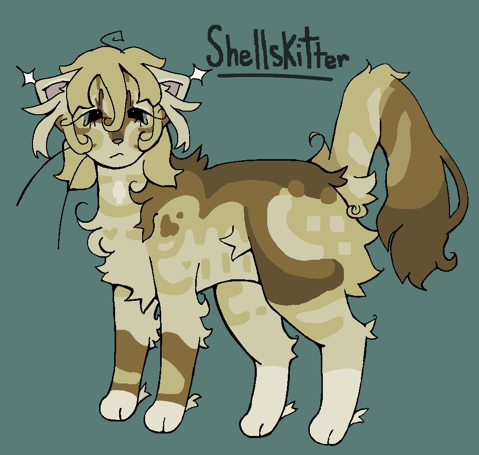 A digital drawing of a cream and brown cat with tufty fur, dull eyes, and a broken tail