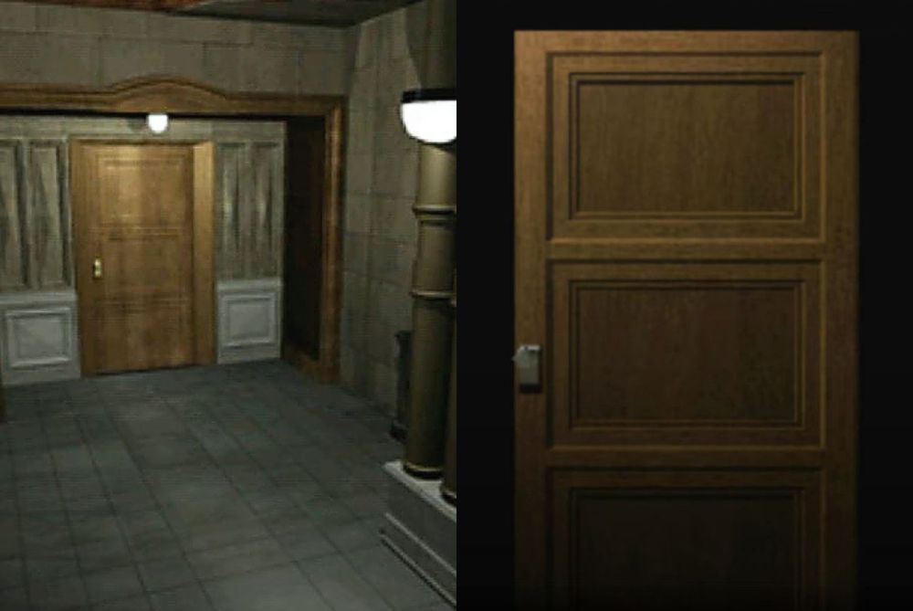 Screenshots of the wooden main hall door from Resident Evil 2 (1998). First screenshot is from a quick cutscene where the door is electronically unlocked (i think?). Second screenshot is the door loading animation before entering the room.