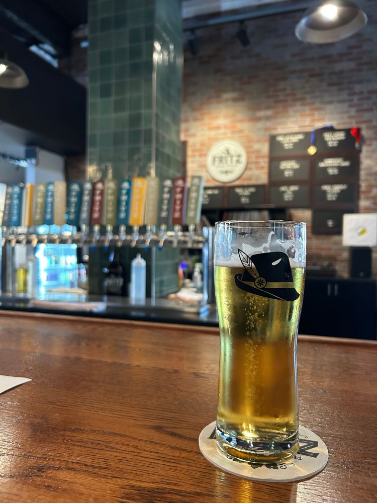 A pint of Kolsch on the bar at Fritz family brewers 