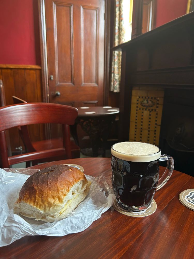 A pint of Sarah hughes Ruby mild and a cheese and onion cob in the Beacon Hotel, Sedgely