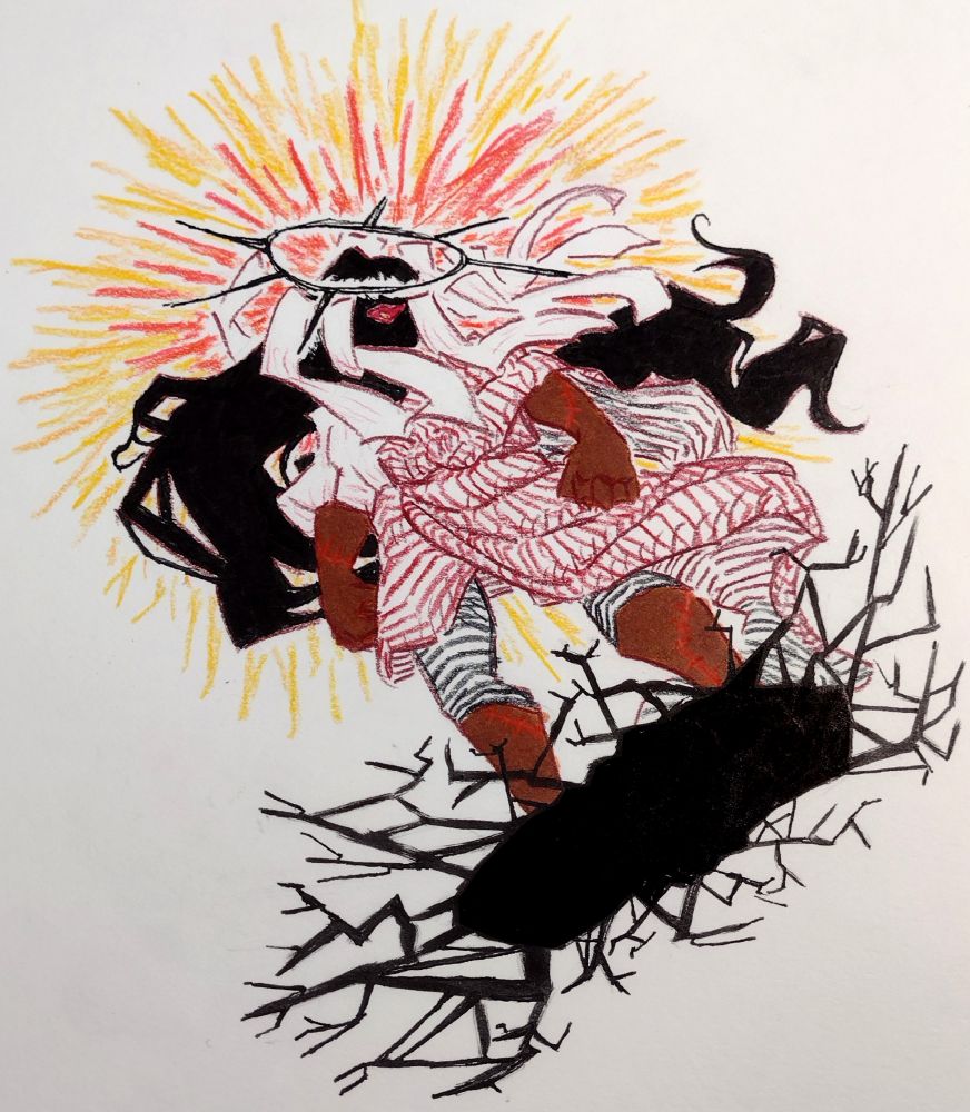 A muscular man tattooed with centipedes and wearing loose robes. The viewer looks up at him from below- his face is lost in shadow as he looks down with malice, and his long hair billows behind him. Over his head is what appears to be a spiked halo adorned with a number of long veils or scarves. The ground seems to crack beneath his feet and an ominous red and yellow halo is behind him.