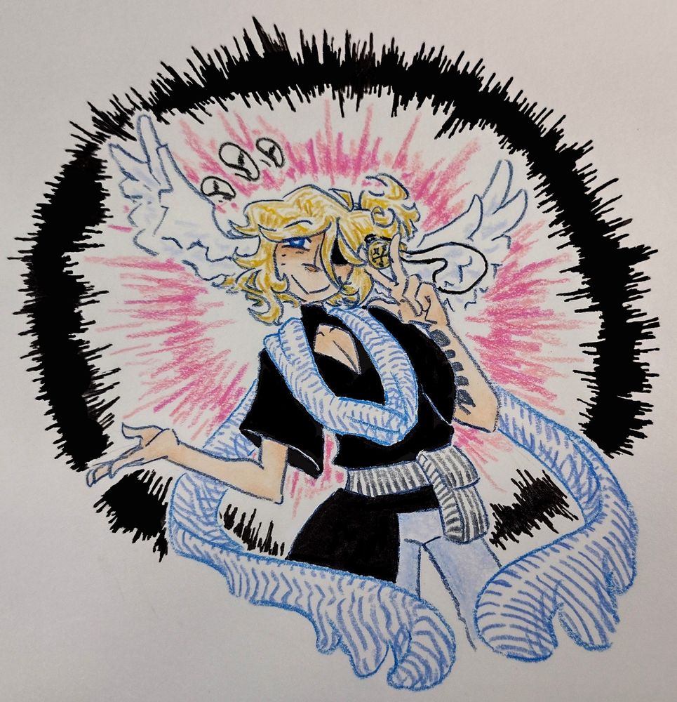 A blonde aasimar with his hair pulled back into a messy ponytail, wings on his head, and a missing eye covered by an eyepatch. He dresses in a flashy way, with a window exposing part of his chest and a long scarf wrapping around his body. He holds a pendant over his missing eye stamped with the Glyph of the Open Road, symbol of the Pathfinder Society. Although he smiles, there's a shadow over his face that makes the expression feel insincere. Three eerie eyes float near his head, reflecting this ambiguous expression. He is surrounded by first a pink halo and then a pitch black one.
