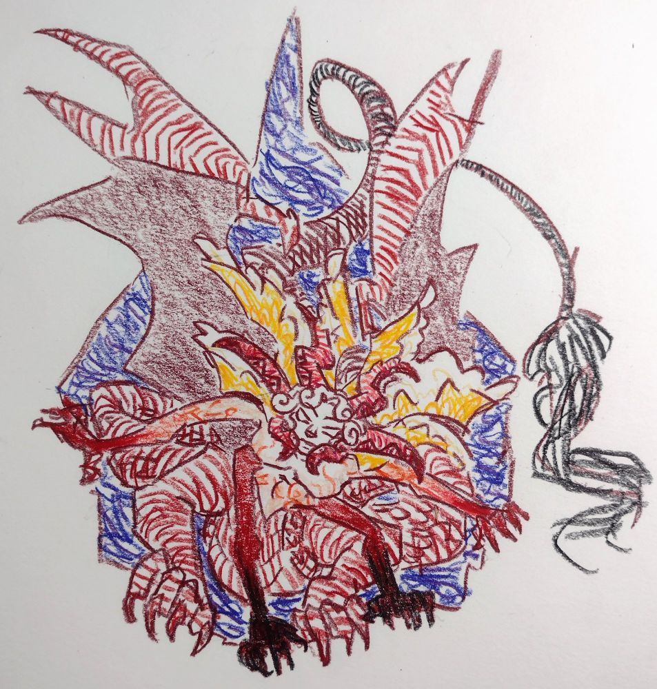 An eerie dragon-like angel-demon chimera emerges from a tear in space. The being has a still, impassive face like a marble statue, a human-like torso with four clawed arms, eye-covered horns and golden wings extending from its head, and a long, dragon-like body with enormous wings.