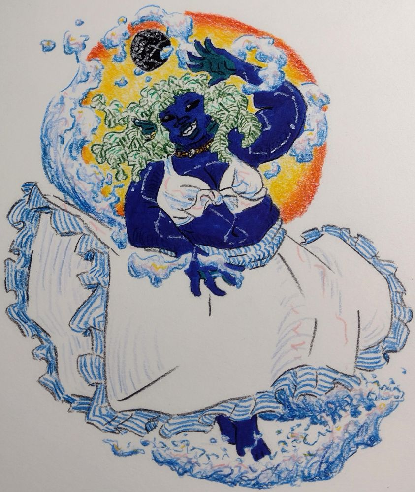 Yejide, a water genasi druid in a flowing circle skirt, stands in a dance-like pose with her star map orb above her head. Water circles her body, following her gesture up to the orb.