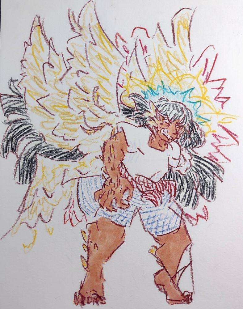 A fearsome one-armed angel undergoing a raptor-like transformation. They snarl and flex their claws as feathers burst from their skin and six wings extend behind them. A halo flares from their head in green and yellow.