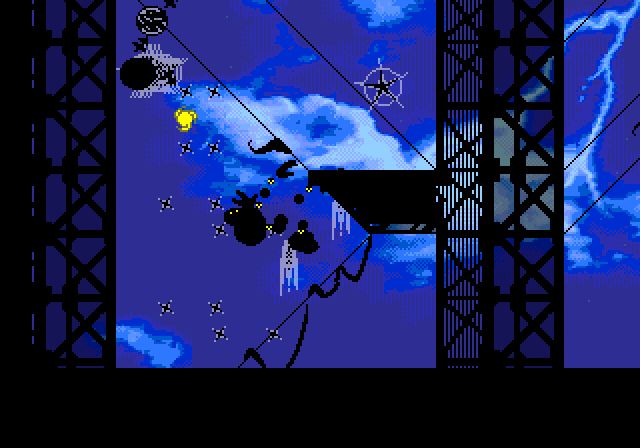 Screenshot of Vectorman falling while under attack from an enemy. Everything in the foreground is a black silhouette, while a bright thunder is clearly visible in the background.