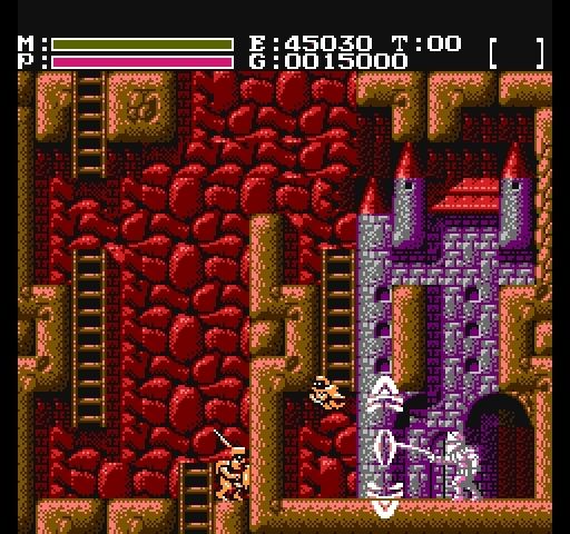 A Faxanadu screenshot, the player is emerging from a town into game world, which is a giant tree. It is incredibly atmospheric for an NES game.