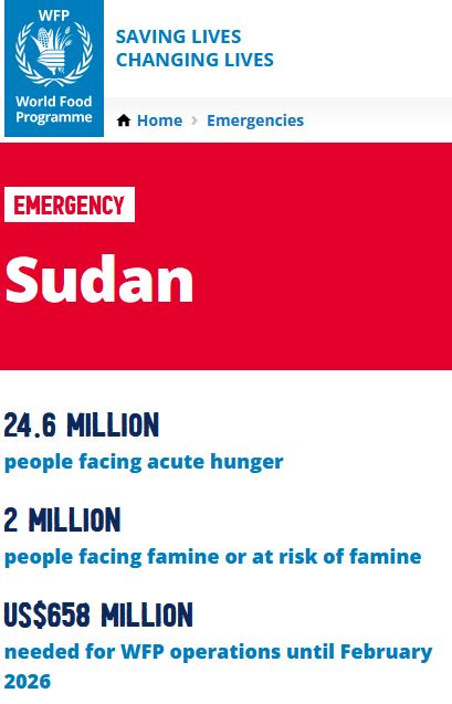 Sudan

24.6 million
    people facing acute hunger
2 million
    people facing famine or at risk of famine
US$658 million
    needed for World Food Program operations until February 2026