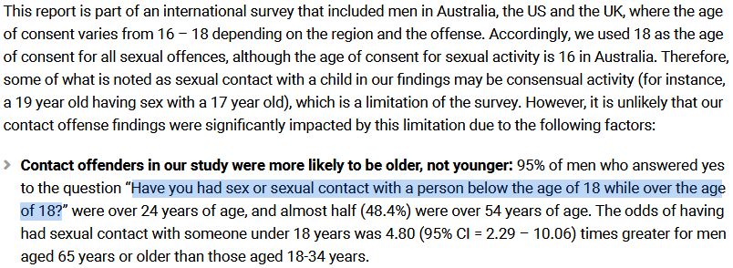 This report is part of an international survey that included men in Australia, the US and the UK, where the age
of consent varies from 16 – 18 depending on the region and the offense. Accordingly, we used 18 as the age
of consent for all sexual offences, although the age of consent for sexual activity is 16 in Australia. Therefore,
some of what is noted as sexual contact with a child in our findings may be consensual activity (for instance,
a 19 year old having sex with a 17 year old), which is a limitation of the survey. However, it is unlikely that our
contact offense findings were significantly impacted by this limitation due to the following factors:
Ź Contact offenders in our study were more likely to be older, not younger: 95% of men who answered yes
to the question “Have you had sex or sexual contact with a person below the age of 18 while over the age
of 18?” were over 24 years of age, and almost half (48.4%) were over 54 years of age. The odds of having
had sexual contact with someone under 18 years was 4.80 (95% CI = 2.29 – 10.06) times greater for men
aged 65 years or older than those aged 18-34 years.