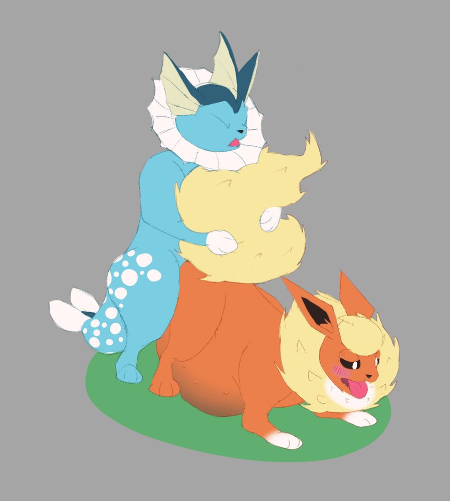 A cum inflation picture. A Vaporeon is standing and mounting a Flareon with his ass in the air, and is pumping him so full of cum that the Flareon's belly is resting on the ground.