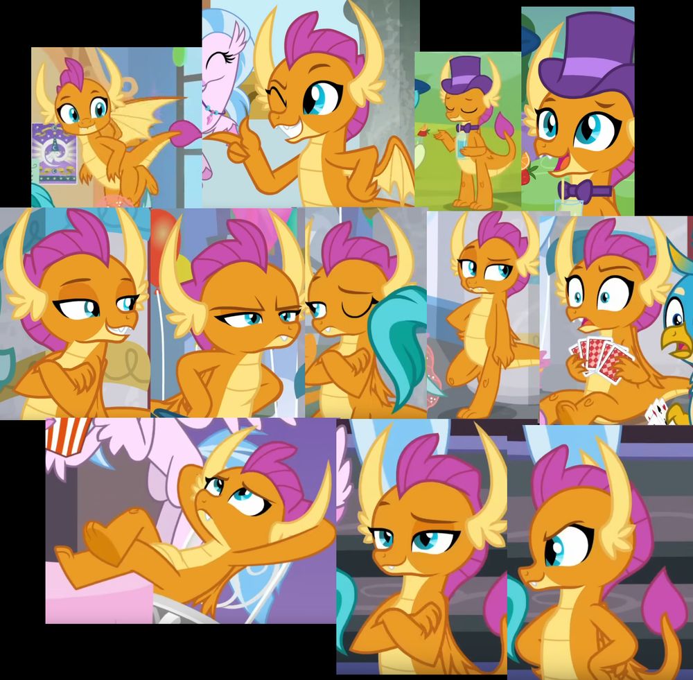 A collage of cropped screenshots of Smolder, an orange dragon. I'm so normal about her you guys, you have no idea how normal I am